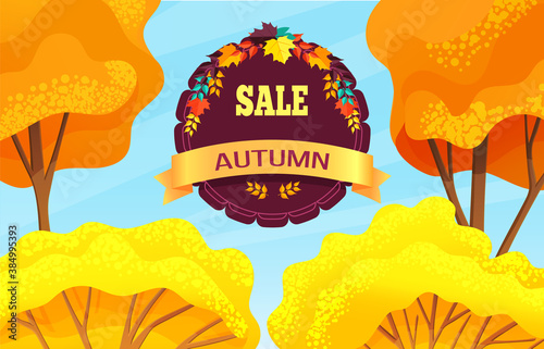 Sale autumn, promo action, discounts time, offer, promotional poster for stores or shops, banner concept, sale products, things, clothes, proposal to save money, golden trees symbols, decoration