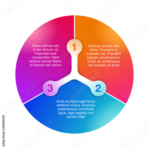 Infographics template with three steps (points) in segment form connected to each other and sample text 