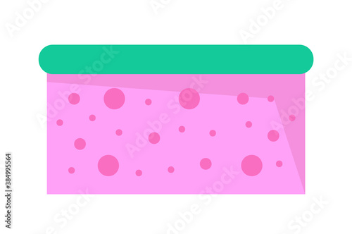 Pink porous wisp of bast with bubbles. Bathroom sponge icon. Cleaning tool or equipment. Wisp of bast for washing body or dishes. Cleaning service. Vector illustration, using for logo, sticker