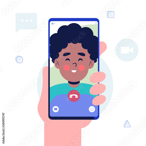 Video call. Hand holding Smartphone with man on screen. Mobile phone in hand. Flat design vector illustration