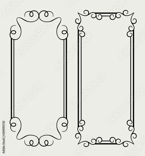 Vintage frames with ornamental border pattern on white, swirly decoration for wedding invitation card design with place for text, elegant embellishment in retro style