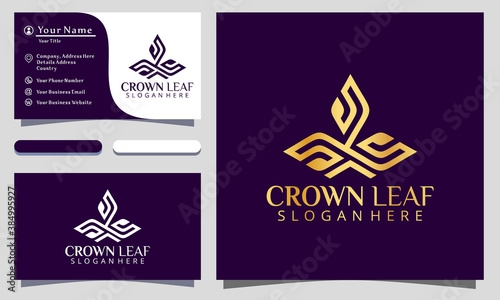 Golden King Crown Leaf Luxury logo design vector illustration, business card template