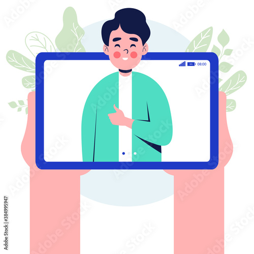 Video call concept. Hand holding tablet pc with man on screen. Mobile phone in hand. Isolated on white background. Flat design vector illustration