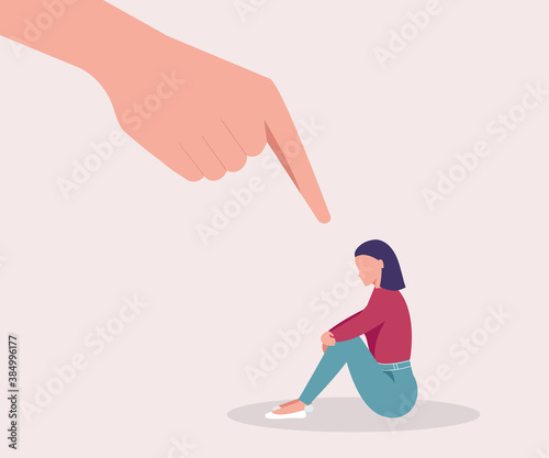 Pointing finger, bullying, hate, sexism, sad female character hugging their knees