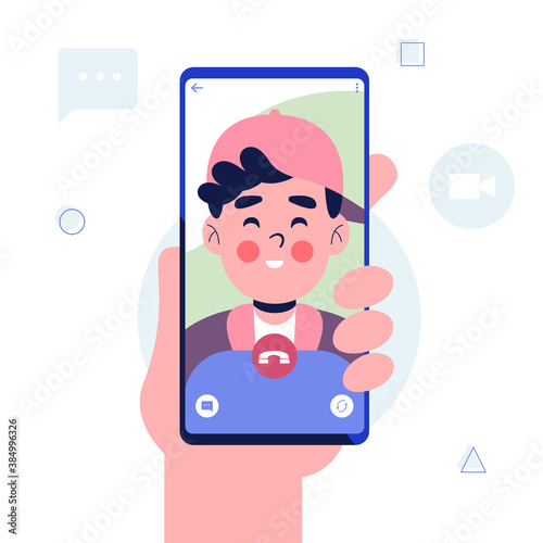 Video call. Hand holding Smartphone with man on screen. Mobile phone in hand. Isolated on white background. Flat design vector illustration