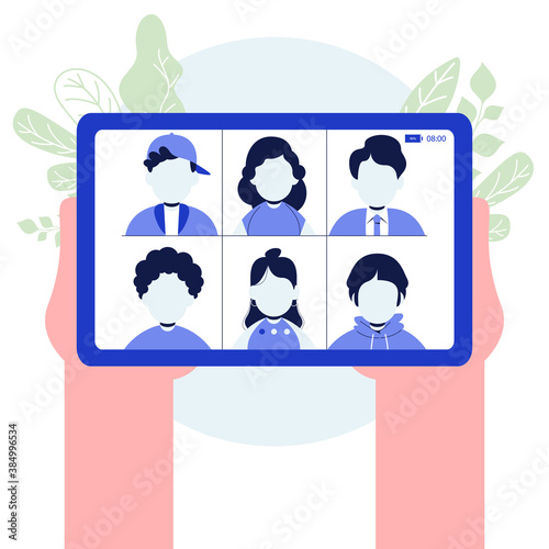 Video call concept. Hand holding tablet with friends on screen. tablet pc in hand. Isolated on white background. Flat design vector illustration