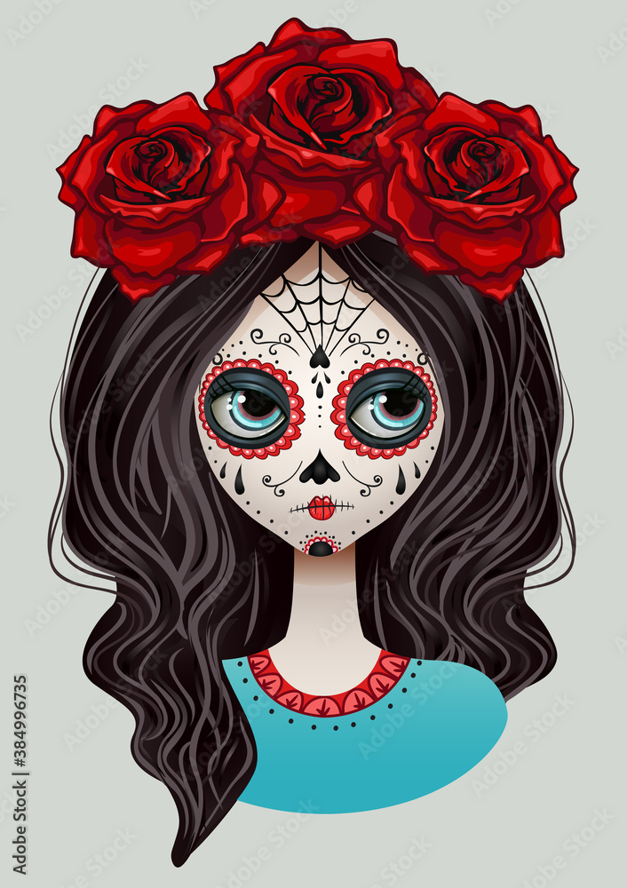 Dia De Los Muertos girl face painting, mexican holliday. Vector design
