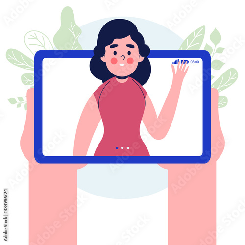 Video call. Hand holding tablet with woman on screen. tablet pc in hand. Isolated on white background. Flat design vector illustration