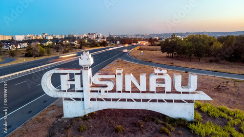 Sign at the entrance to the city of Chisinau, filmed from the drone