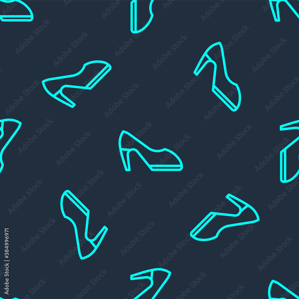Green line Woman shoe with high heel icon isolated seamless pattern on blue background. Vector.