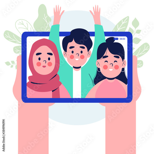Hand holding tablet with friends on screen. tablet pc in hand. Isolated on white background. Flat design vector illustration