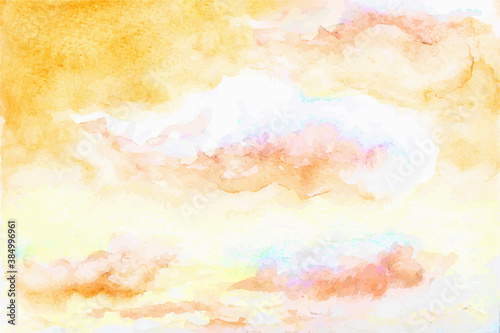 Hand painted sky and clouds, abstract watercolor background in yellow colors