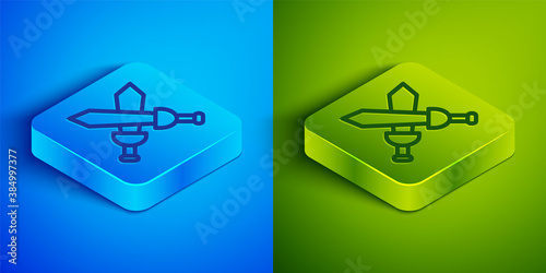 Isometric line Crossed medieval sword icon isolated on blue and green background. Medieval weapon. Square button. Vector.