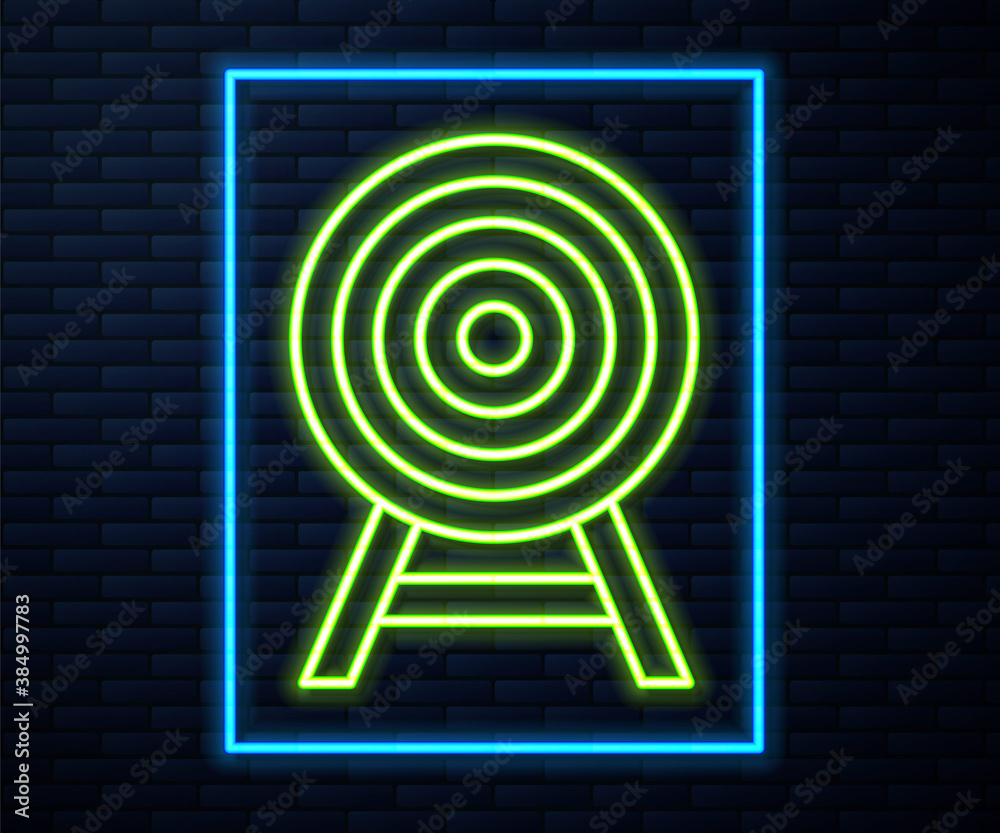 Glowing neon line Target with arrow icon isolated on brick wall background. Dart board sign. Archery board icon. Dartboard sign. Business goal concept. Vector. Glowing neon line Target with arrow icon isolated on brick wall background. Dart board sign. Archery board icon. Dartboard sign. Business goal concept. Vector.