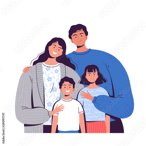 Happy family. Man, a woman and children stand side by side and hug each other. The concept of friendship, happiness and family values