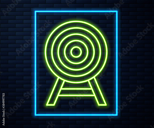 Glowing neon line Target with arrow icon isolated on brick wall background. Dart board sign. Archery board icon. Dartboard sign. Business goal concept. Vector.