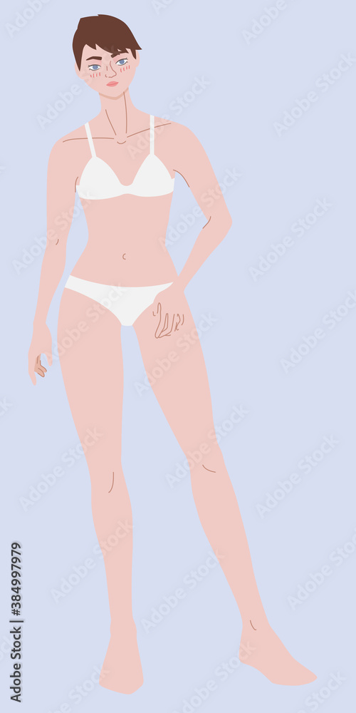 Slim woman in underwear. Full length portrait of tall model with short hair and long legs. Thin young girl with lightly boyish figure. Perfect base for realistic fashion sketch Slim woman in underwear. Full length portrait of tall model with short hair and long legs. Thin young girl with lightly boyish figure. Perfect base for realistic fashion sketch