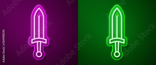 Glowing neon line Medieval sword icon isolated on purple and green background. Medieval weapon. Vector.