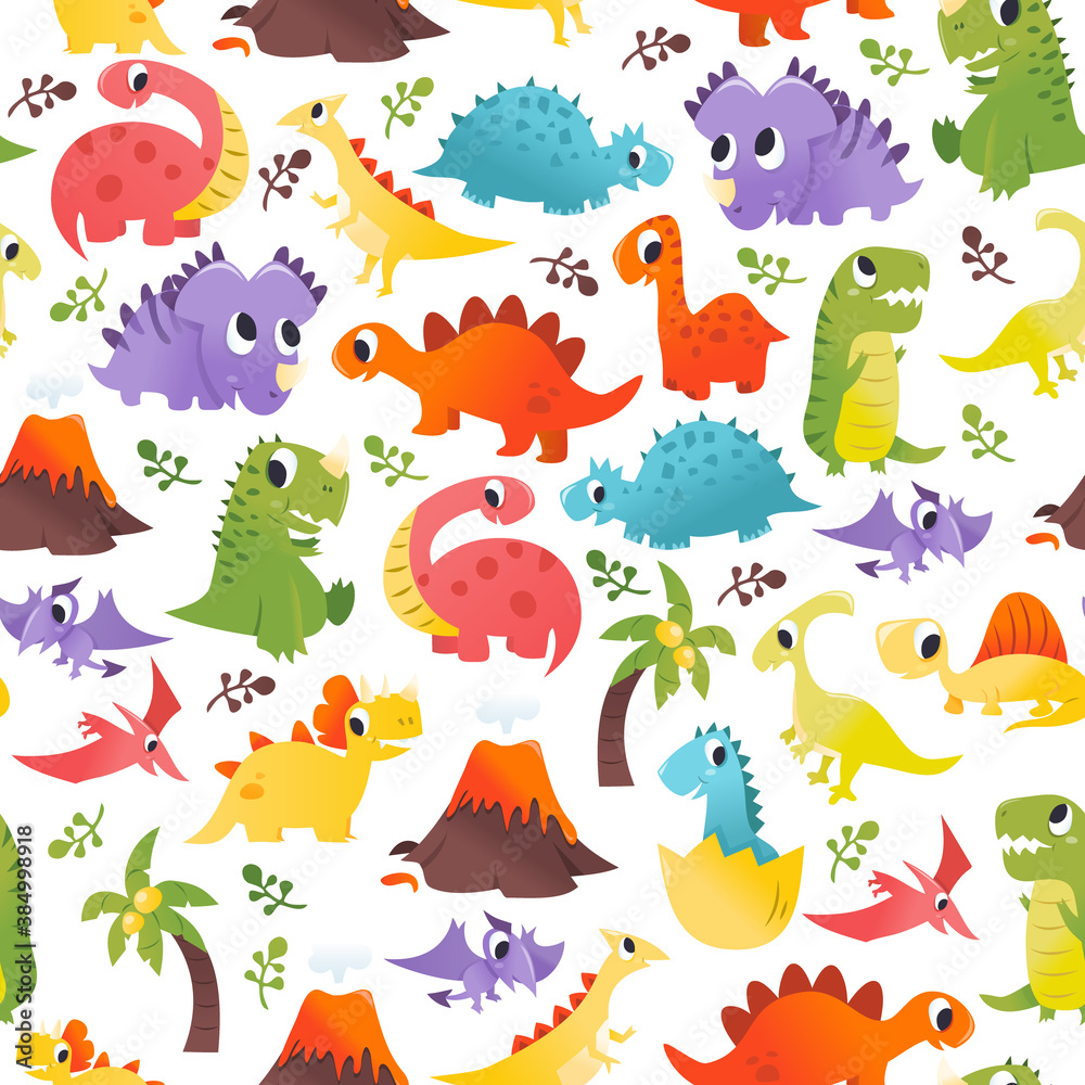 Super Cute Cartoon Dinosaurs Seamless Pattern Background