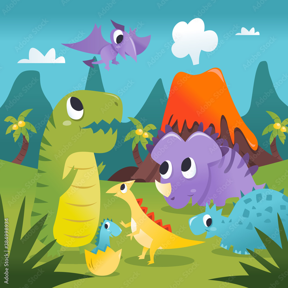 Obraz premium Super Cute Cartoon Dinosaurs Prehistoric Scene