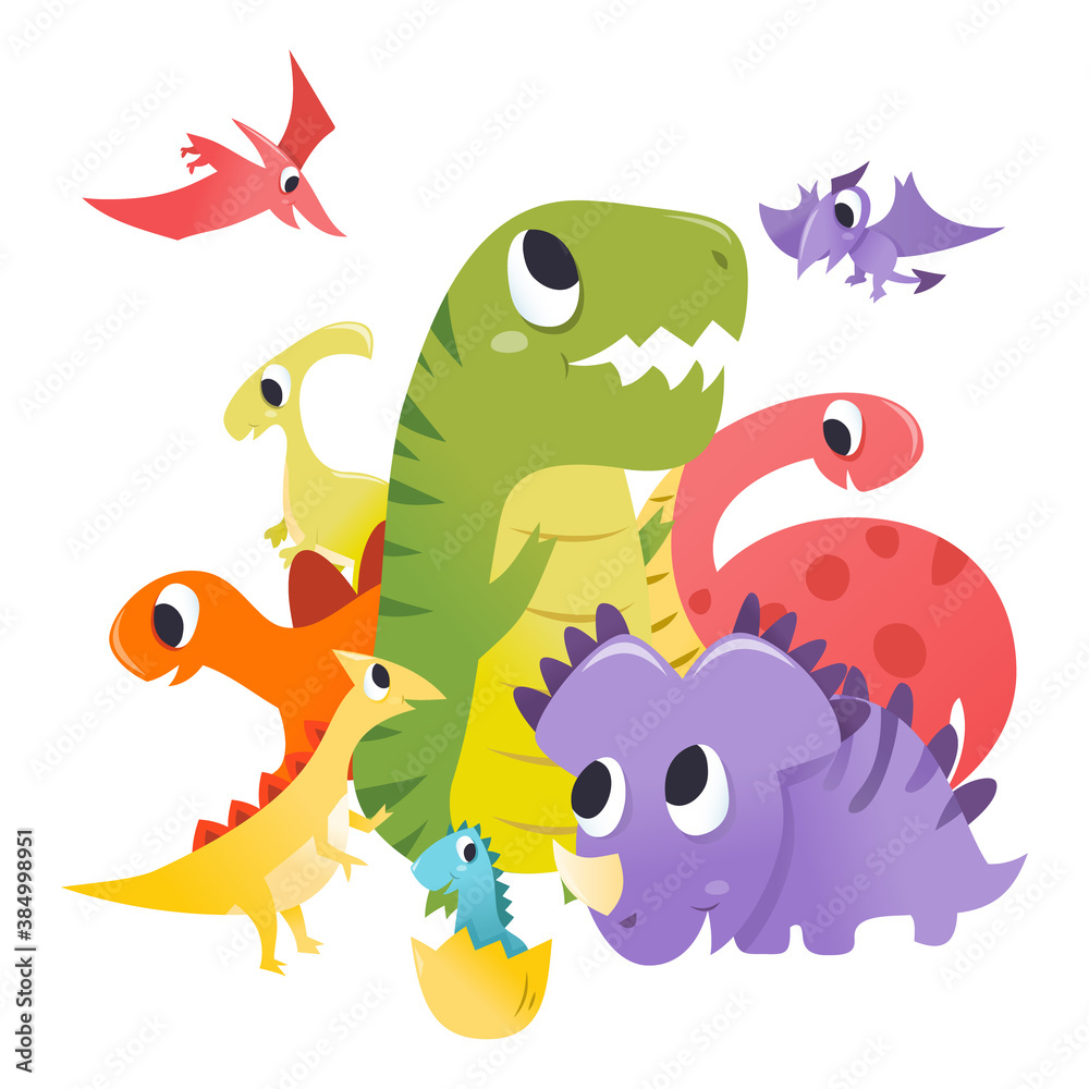 Super Cute Cartoon Dinosaurs Group Scene Stock Vector | Adobe Stock