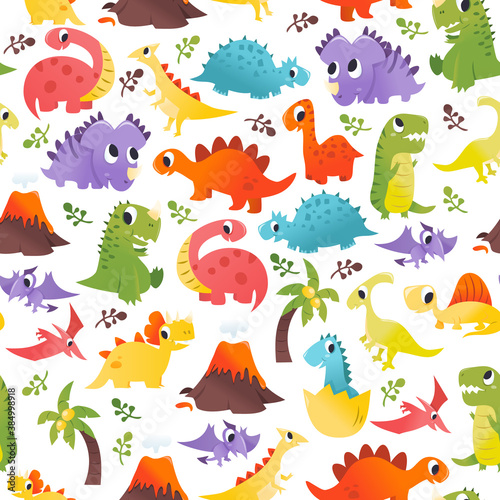 Super Cute Cartoon Dinosaurs Seamless Pattern Background © totallyjamie
