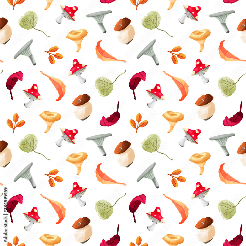 Obraz premium Seamless pattern. Autumn mushroom harvest. Healthy lifestyle, vegetarianism