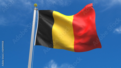 Belgium Flag Country 3D Rendering Waving, fluttering against the background of the blue sky with silver pole