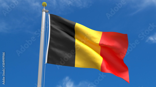 Belgium Flag Country 3D Rendering Waving, fluttering against the background of the blue sky with silver pole