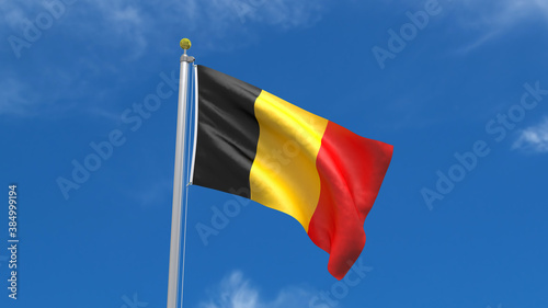 Belgium Flag Country 3D Rendering Waving, fluttering against the background of the blue sky with silver pole