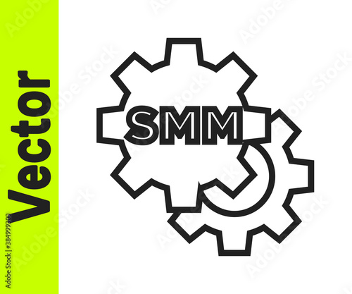 Black line SMM icon isolated on white background. Social media marketing, analysis, advertising strategy development. Vector.