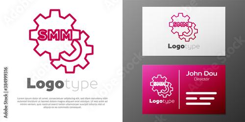 Logotype line SMM icon isolated on white background. Social media marketing, analysis, advertising strategy development. Logo design template element. Vector.