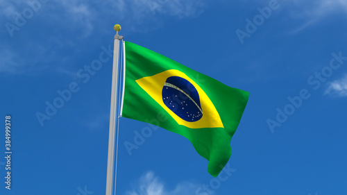 Brazil Flag Country 3D Rendering Waving, fluttering against the background of the blue sky with silver pole