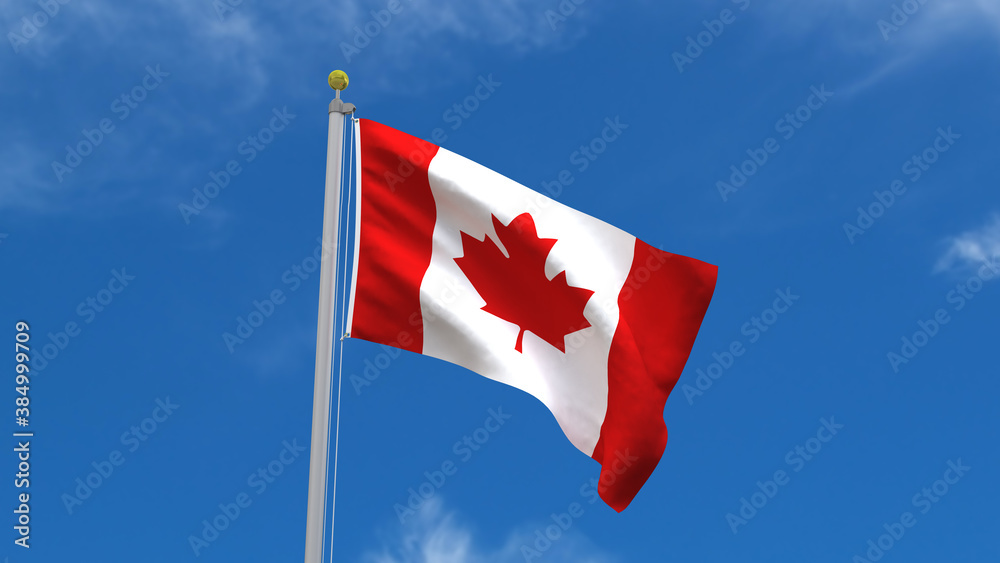 Canada Flag Country 3D Rendering Waving, fluttering against the background of the blue sky with silver pole Canada Flag Country 3D Rendering Waving, fluttering against the background of the blue sky with silver pole