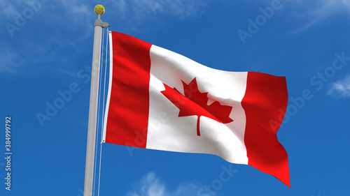 Canada Flag Country 3D Rendering Waving, fluttering against the background of the blue sky with silver pole