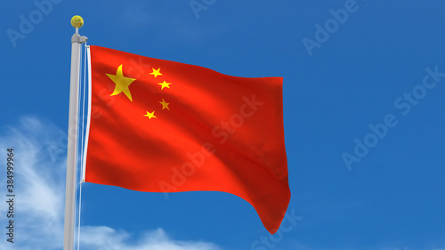 China Flag Country 3D Rendering Waving, fluttering against the background of the blue sky with silver pole