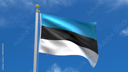 EstoniaFlag Country 3D Rendering Waving, fluttering against the background of the blue sky with silver pole