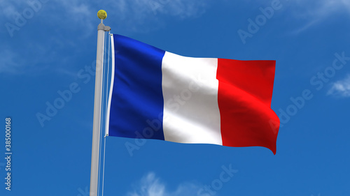 France Flag Country 3D Rendering Waving, fluttering against the background of the blue sky with silver pole