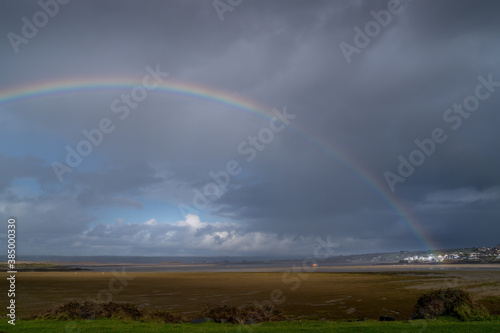Appledore village with rainbow, seen from Northam Burrows, North Devon. Oct 2020.