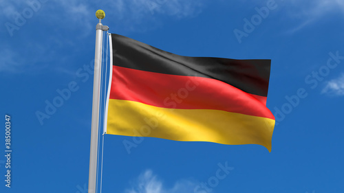 Germany Flag Country 3D Rendering Waving, fluttering against the background of the blue sky with silver pole