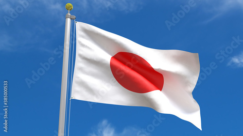 Japan Flag Country 3D Rendering Waving, fluttering against the background of the blue sky with silver pole