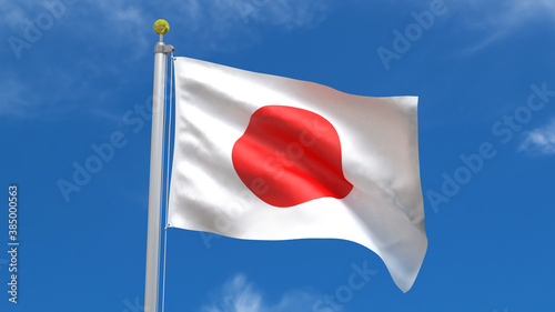 Japan Flag Country 3D Rendering Waving, fluttering against the background of the blue sky with silver pole