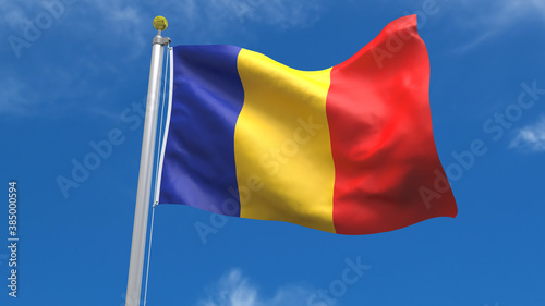 Romania Flag Country 3D Rendering Waving, fluttering against the background of the blue sky with silver pole