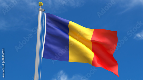 Romania Flag Country 3D Rendering Waving, fluttering against the background of the blue sky with silver pole