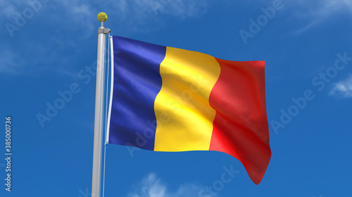 Romania Flag Country 3D Rendering Waving, fluttering against the background of the blue sky with silver pole