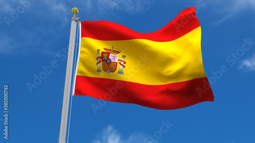 Spain Flag Country 3D Rendering Waving, fluttering against the background of the blue sky with silver pole