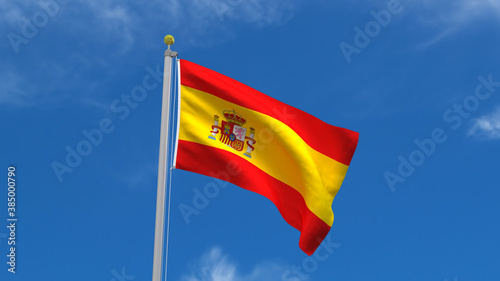 Spain Flag Country 3D Rendering Waving, fluttering against the background of the blue sky with silver pole