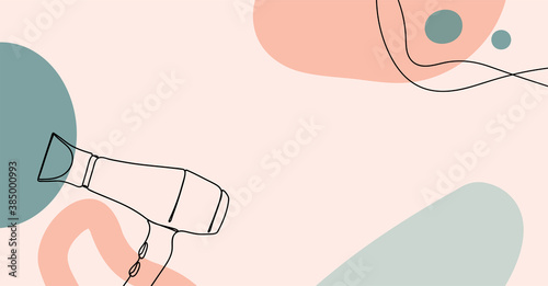 Banner of an abstract image with continuous black line of a hairdryer with colorful abstract stains. 