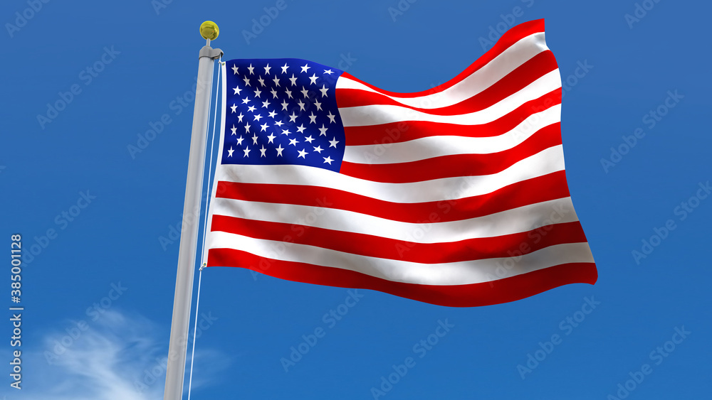 USA Flag Country 3D Rendering Waving, fluttering against the background of the blue sky with silver pole