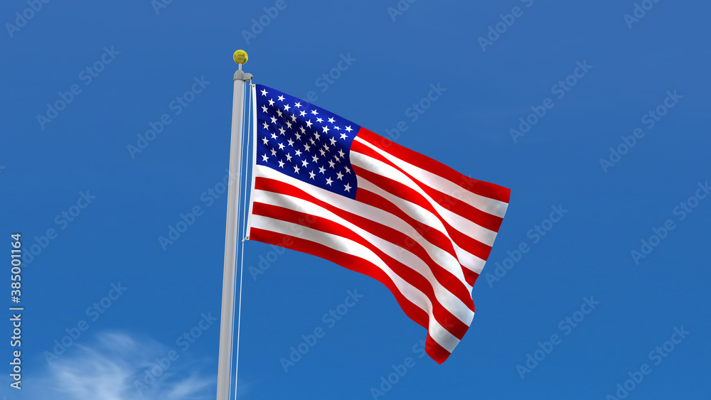 Flag Country 3D Rendering Waving, fluttering against the background of the blue sky with silver pole